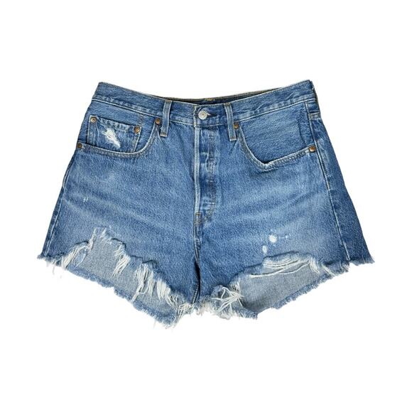 Levi's 501 High Rise Denim Shorts 30 Cut Offs Medium Blue Wash Jean Distressed - Picture 1 of 7